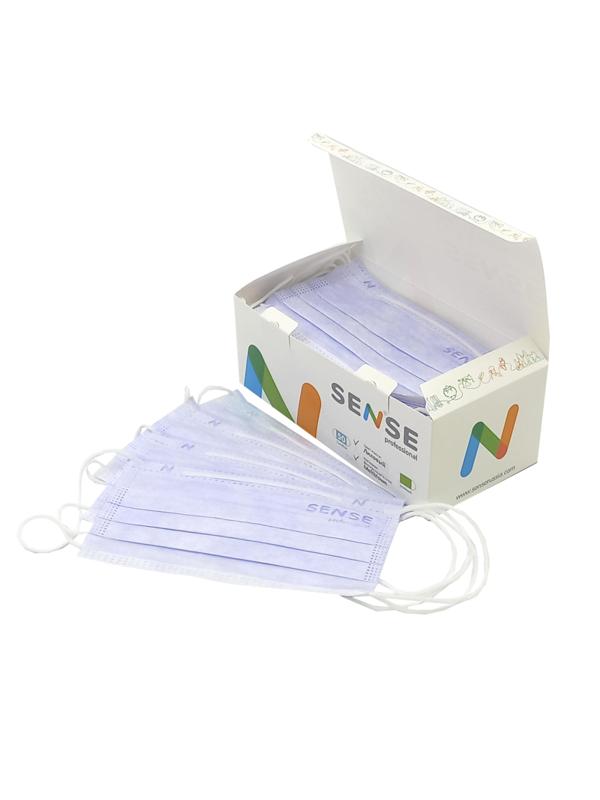 Маска медицинская 3-х сл., резинка, лиловый, Sense, картон 50шт/уп