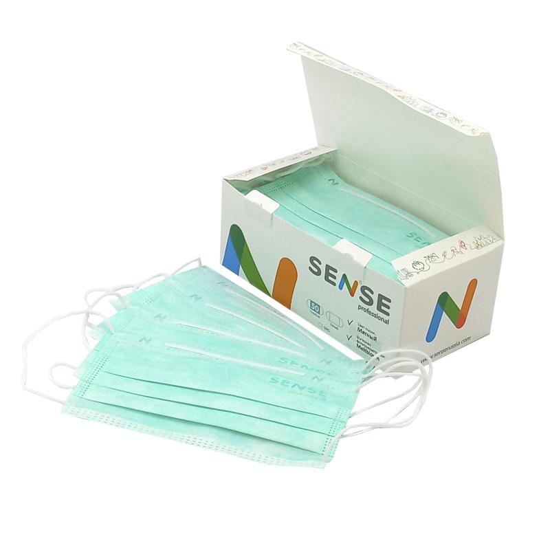 Маска медицинская 3-х сл., резинка, мятный/зеленый, Sense, картон 50шт/уп