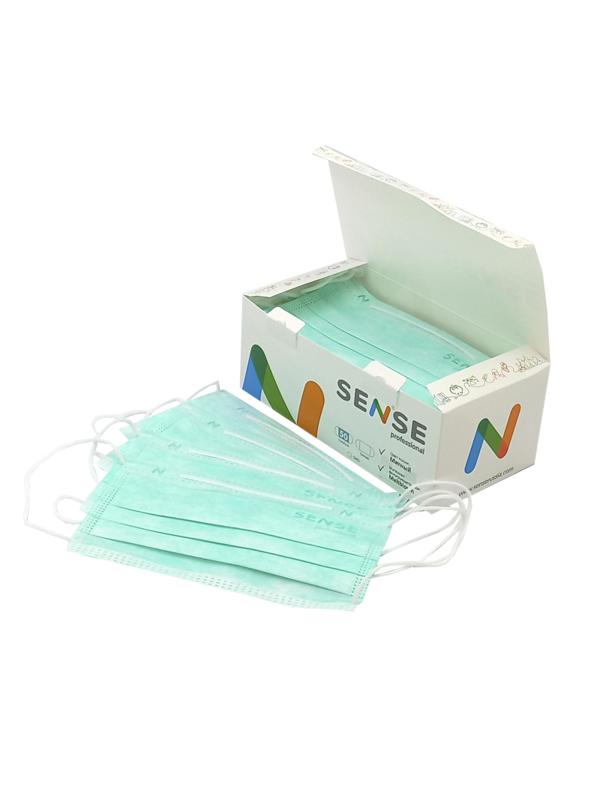 Маска медицинская 3-х сл., резинка, мятный/зеленый, Sense, картон 50шт/уп