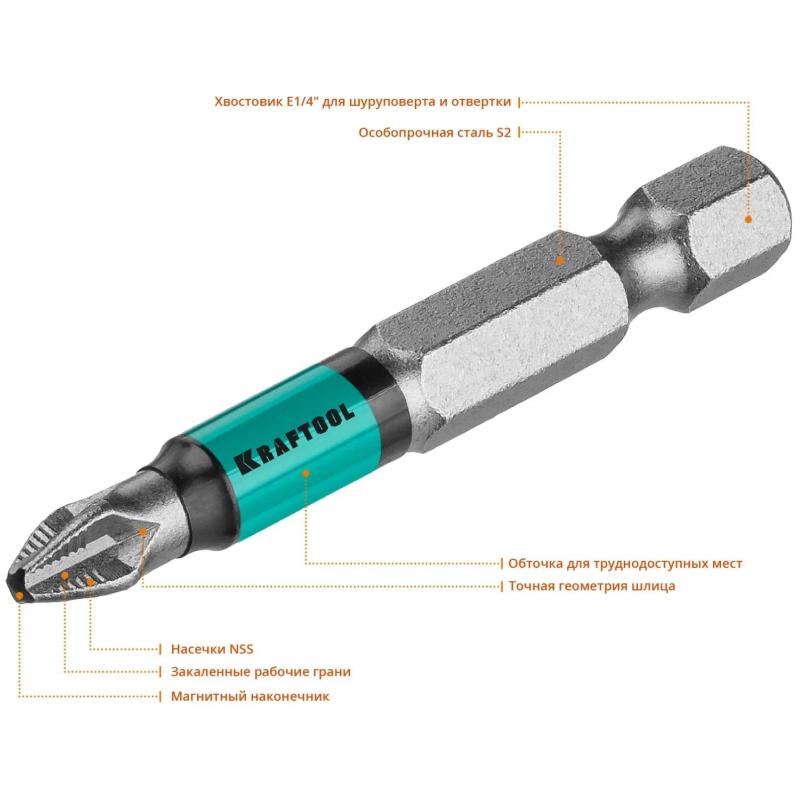 Бита KRAFTOOL Optimum Line PH2, 50 мм, тип E, 10 шт/уп (26122-2-50-10)