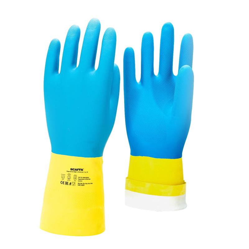 Перчатки защитные латекс/неопрен КЩС SCAFFA Спектр цв.желт/син р.9