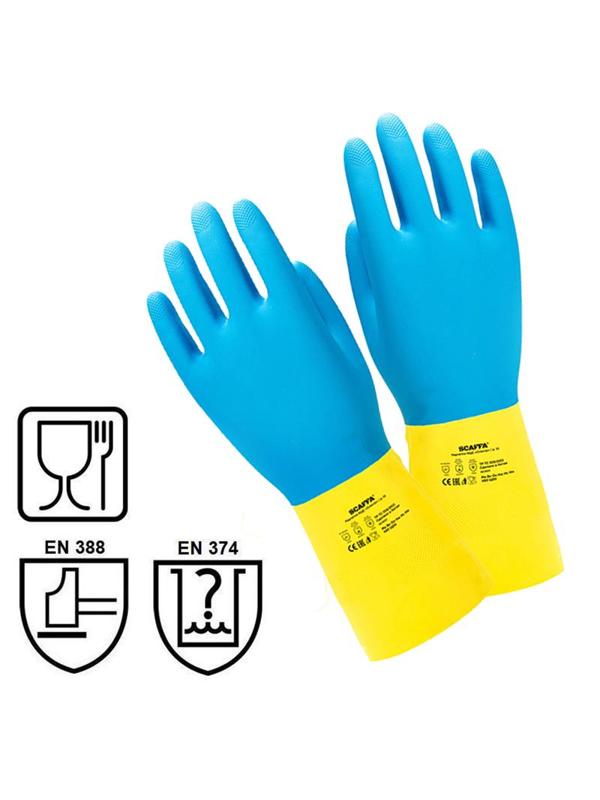Перчатки защитные латекс/неопрен КЩС SCAFFA Спектр цв.желт/син р.9
