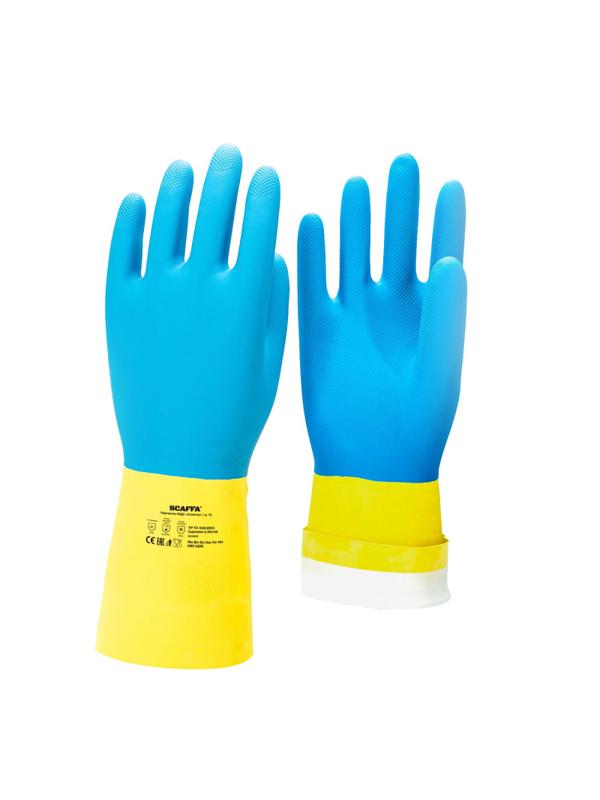 Перчатки защитные латекс/неопрен КЩС SCAFFA Спектр цв.желт/син р.9