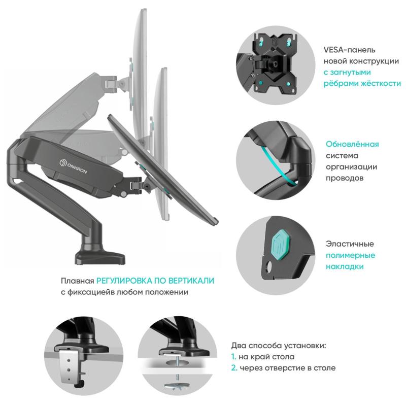 Кронштейн Onkron G160, TV 13-32, для 2-ух мон, газлифт, настольный, чер