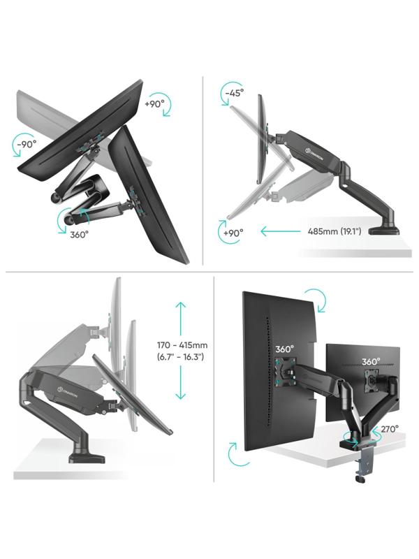 Кронштейн Onkron G160, TV 13-32, для 2-ух мон, газлифт, настольный, чер