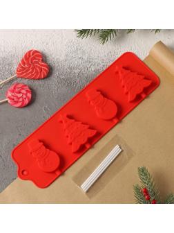 Форма для леденцов Доляна «Новый год», 31×9 см, 4 ячейки, цвет красный