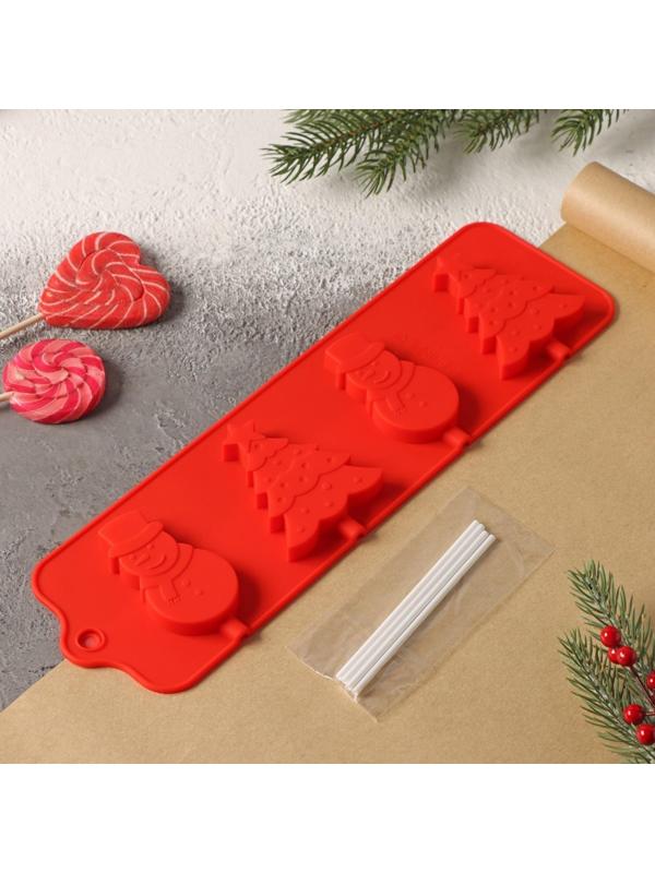 Форма для леденцов Доляна «Новый год», 31×9 см, 4 ячейки, цвет красный