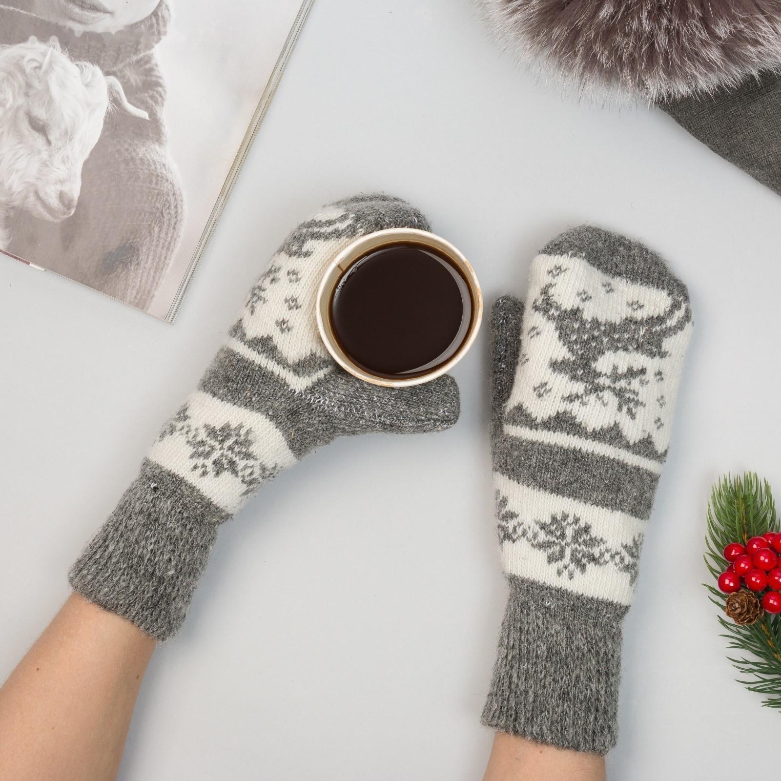 Варежки женские шерстяные, цвет серый/белый, размер 20-22