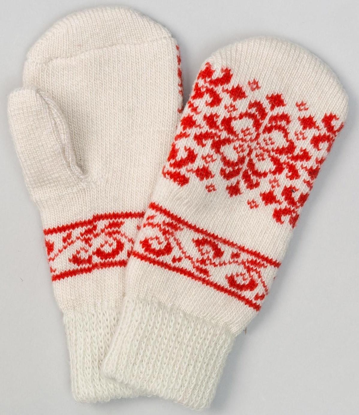 Варежки женские шерстяные цвет белый/красный, размер 20-22