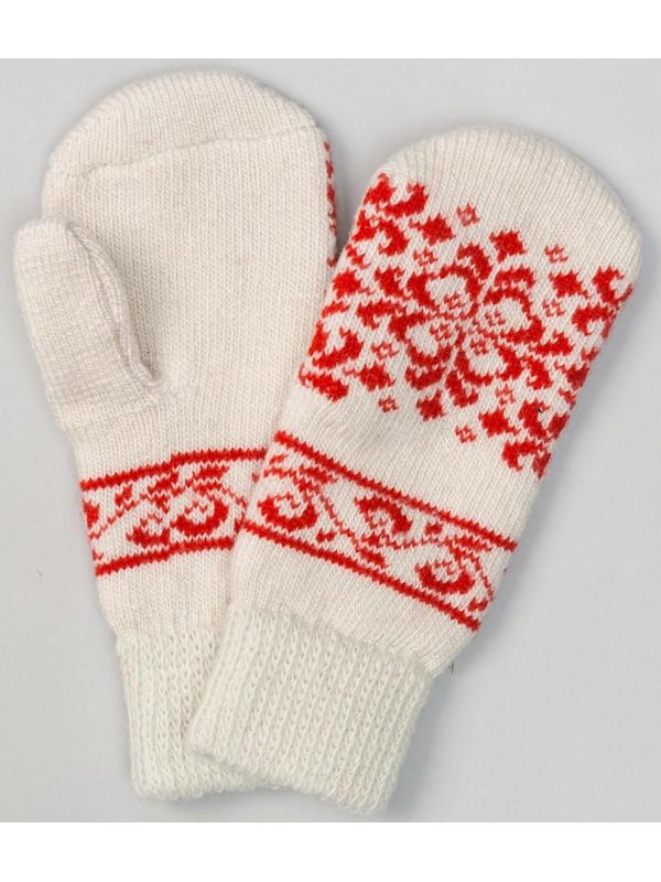 Варежки женские шерстяные цвет белый/красный, размер 20-22