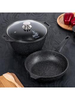 Набор кухонной посуды «Мраморная №6», крышка, съёмная ручка, антипригарное покрытие, цвет тёмный мрамор