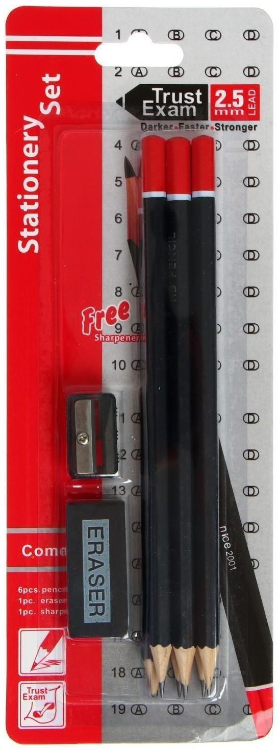 Набор карандашей чернографитных 6 штук НВ+ластик+точилка, блистере
