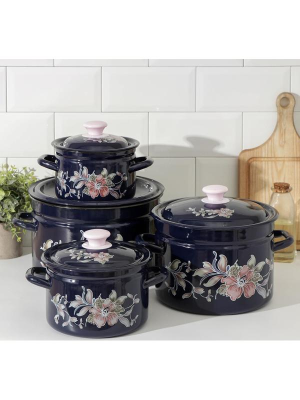 Набор кастрюль «Алиса», 4 предмета: 2 л, 3 л, 6 л, 8 л, эмалированные крышки, индукция, цвет синий