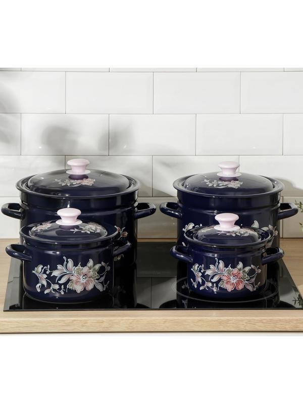 Набор кастрюль «Алиса», 4 предмета: 2 л, 3 л, 6 л, 8 л, эмалированные крышки, индукция, цвет синий