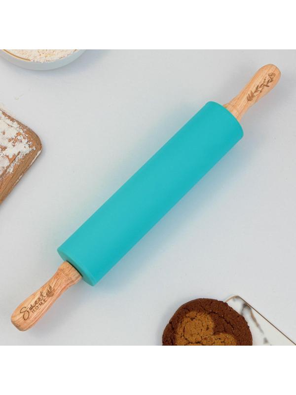 Скалка «Прованс», 31 х 4 см, силикон, дерево, цвет бирюзовый