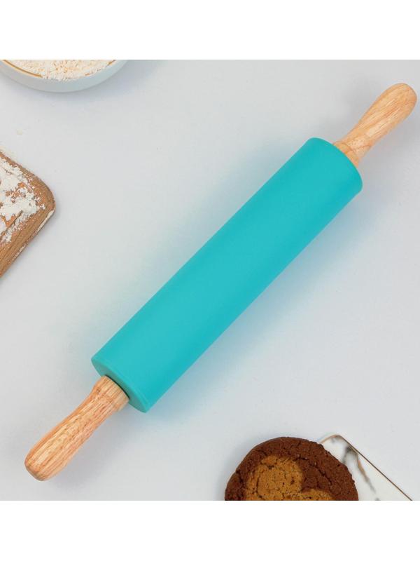 Скалка «Прованс», 31 х 4 см, силикон, дерево, цвет бирюзовый