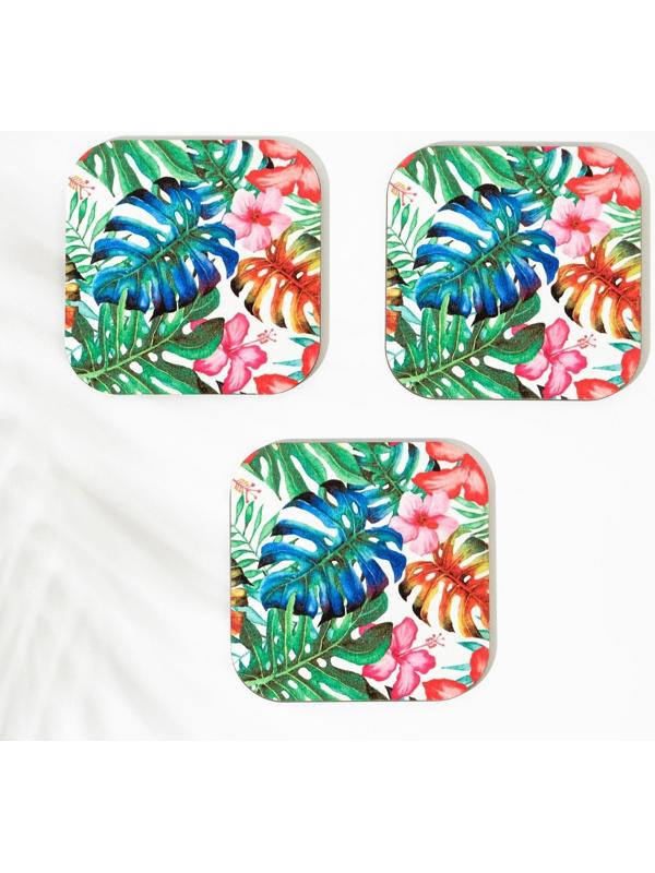 Набор подставок для стаканов, деревянные 3 шт, разноцветные листья, 9,5х9,5х0,9 см