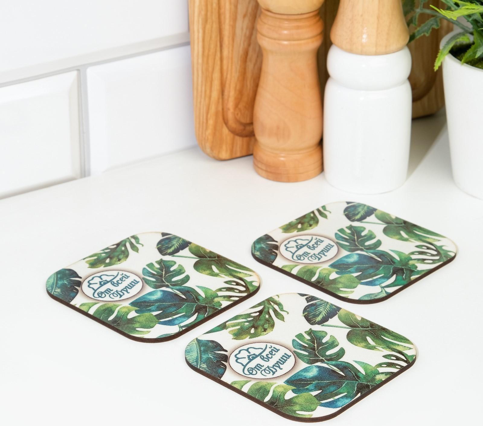Набор подставок для стаканов, деревянные 3 шт, зеленые листья, 9,5х9,5х0,9 см