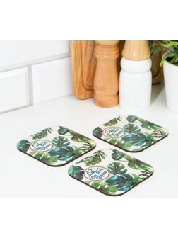 Набор подставок для стаканов, деревянные 3 шт, зеленые листья, 9,5х9,5х0,9 см
