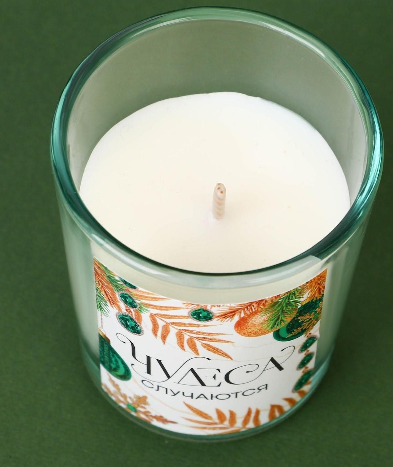 Новогодние свечи в стакане «Чудеса случаются», белый орех и ель, набор 2 шт., высота 6 см