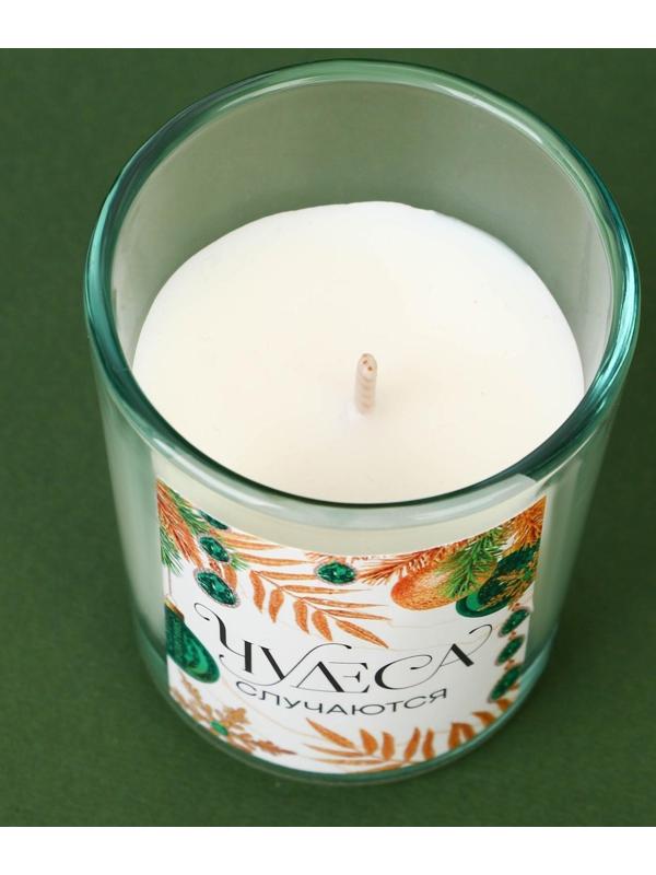 Новогодние свечи в стакане «Чудеса случаются», белый орех и ель, набор 2 шт., высота 6 см