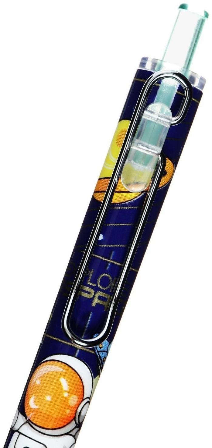 Ручка гелевая автоматическая синяя, с резиновым держателем, Космонавт МИКС