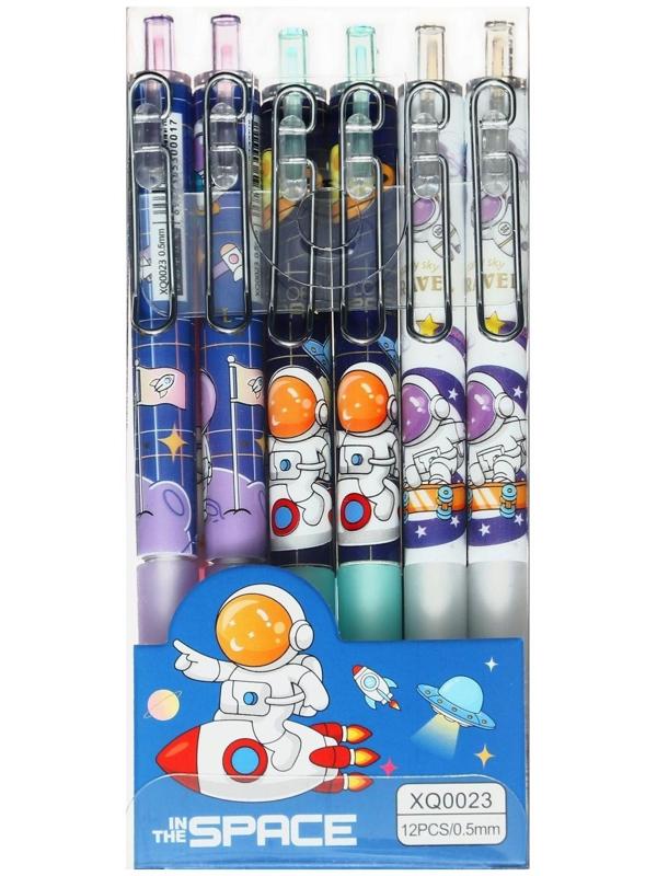 Ручка гелевая автоматическая синяя, с резиновым держателем, Космонавт МИКС