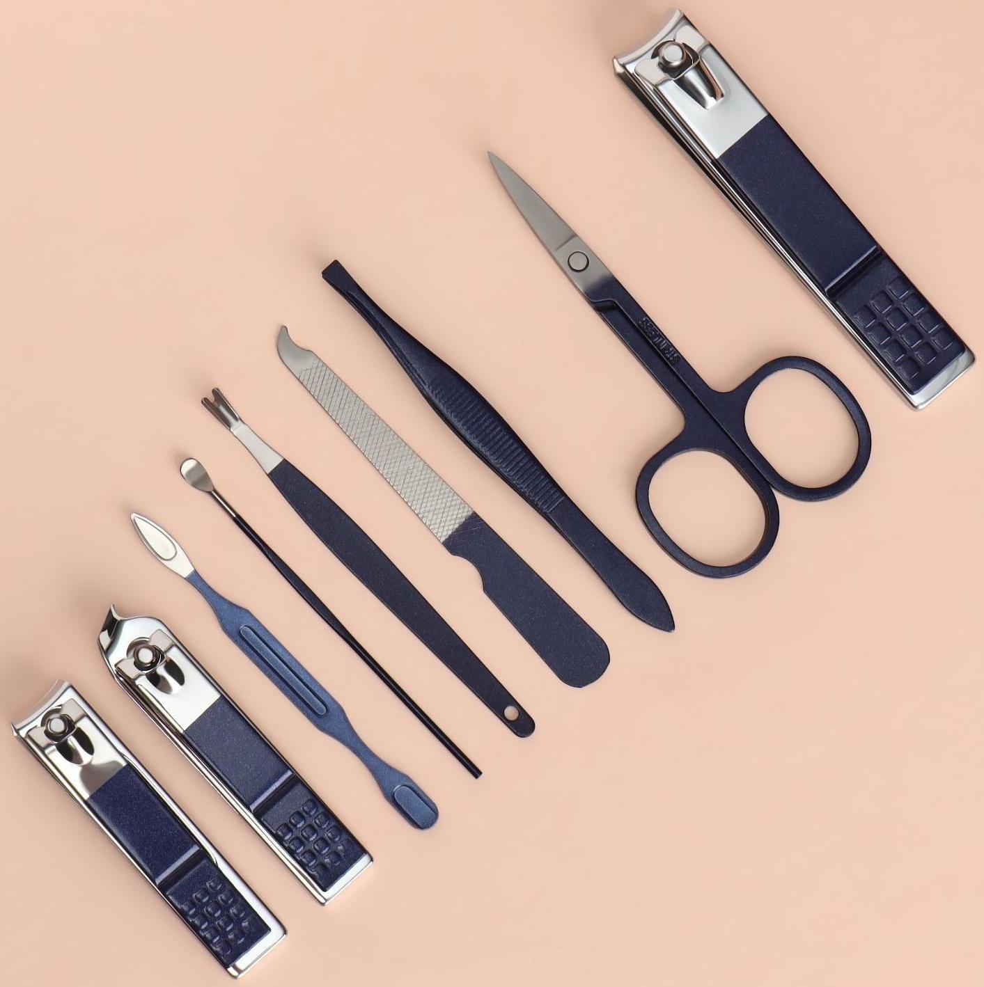 Набор маникюрный, 9 предметов, в футляре, цвет синий