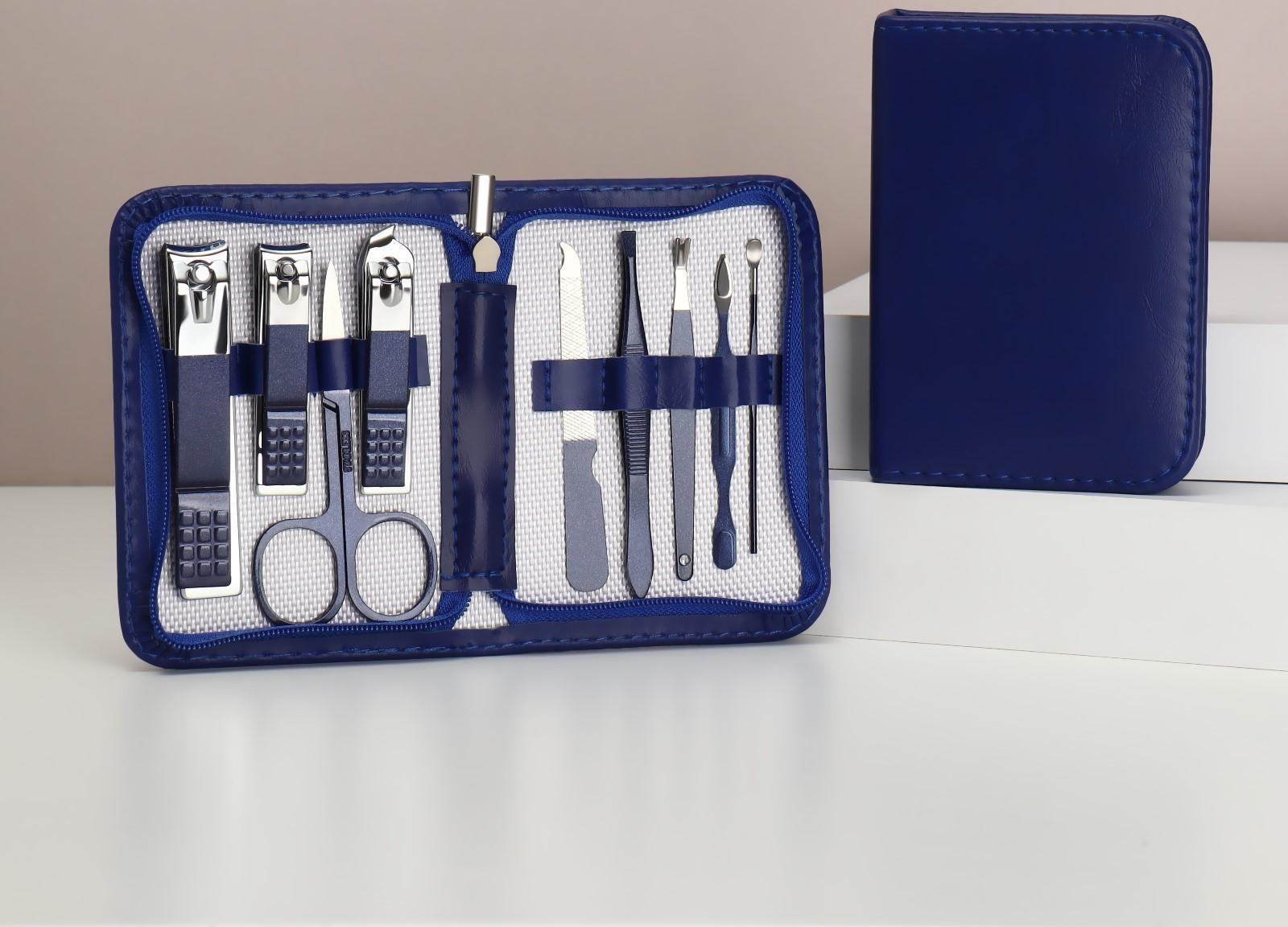 Набор маникюрный, 9 предметов, в футляре, цвет синий