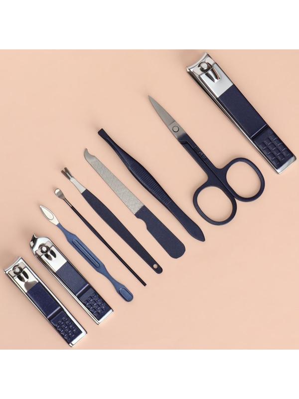 Набор маникюрный, 9 предметов, в футляре, цвет синий