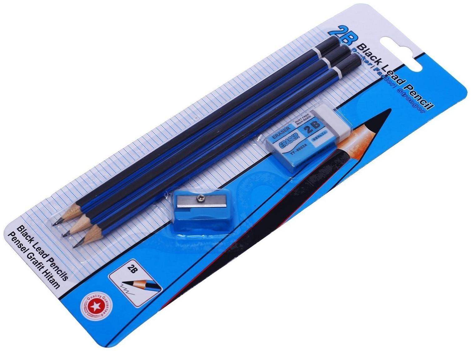 Набор чернографитных карандашей 3 штуки, точилка, ластик