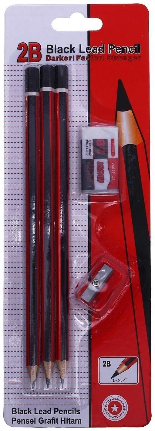 Набор чернографитных карандашей 3 штуки, точилка, ластик