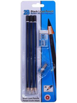 Набор чернографитных карандашей 3 штуки, точилка, ластик