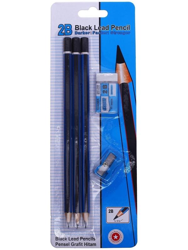 Набор чернографитных карандашей 3 штуки, точилка, ластик