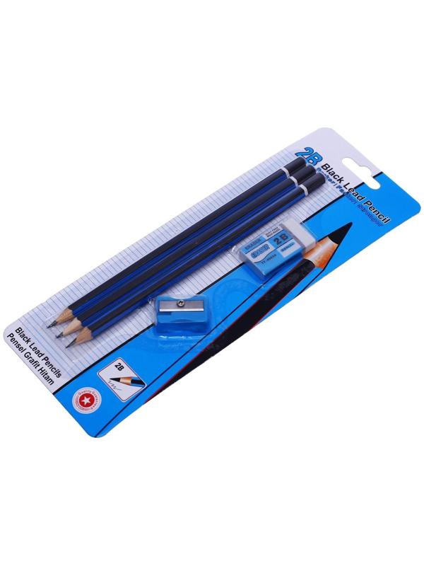 Набор чернографитных карандашей 3 штуки, точилка, ластик