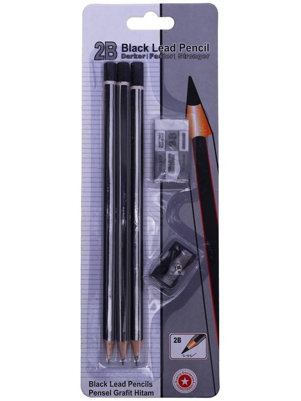 Набор чернографитных карандашей 3 штуки, точилка, ластик