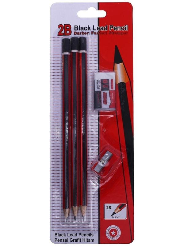 Набор чернографитных карандашей 3 штуки, точилка, ластик