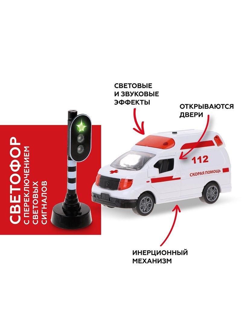 Машина ин. Скорая помощь, откр. двери, свет, звук, светофор эл. с
переключением сигналов