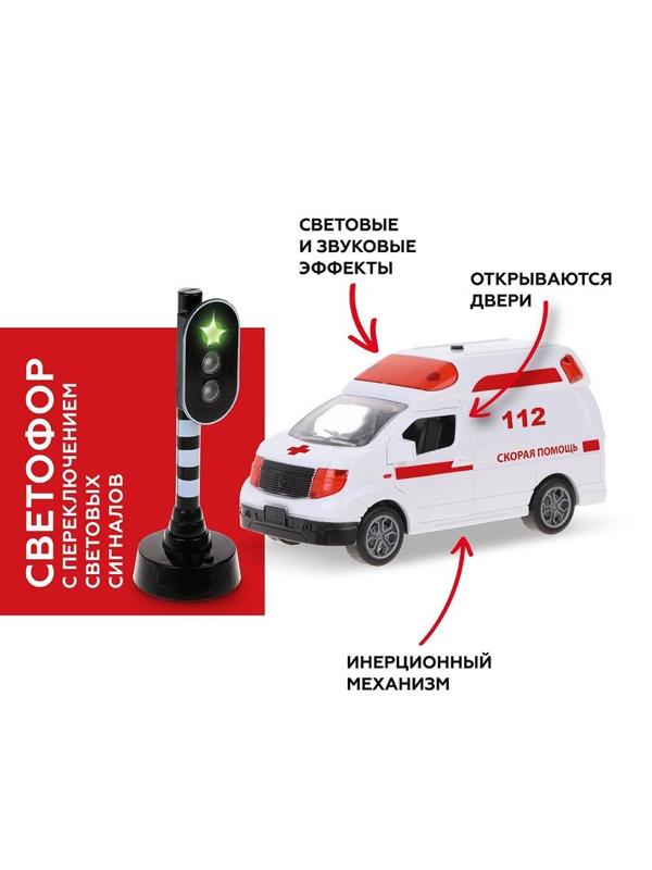 Машина ин. Скорая помощь, откр. двери, свет, звук, светофор эл. с
переключением сигналов