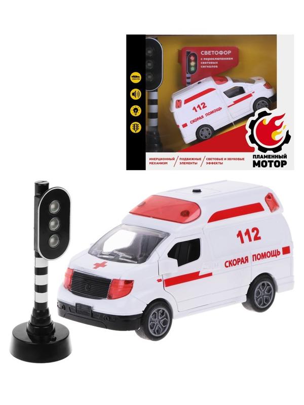 Машина ин. Скорая помощь, откр. двери, свет, звук, светофор эл. с
переключением сигналов