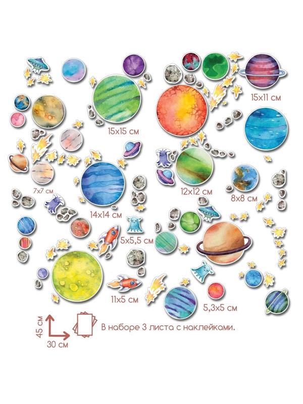 Декоративные наклейки В космосе 30х45 см 3 листа