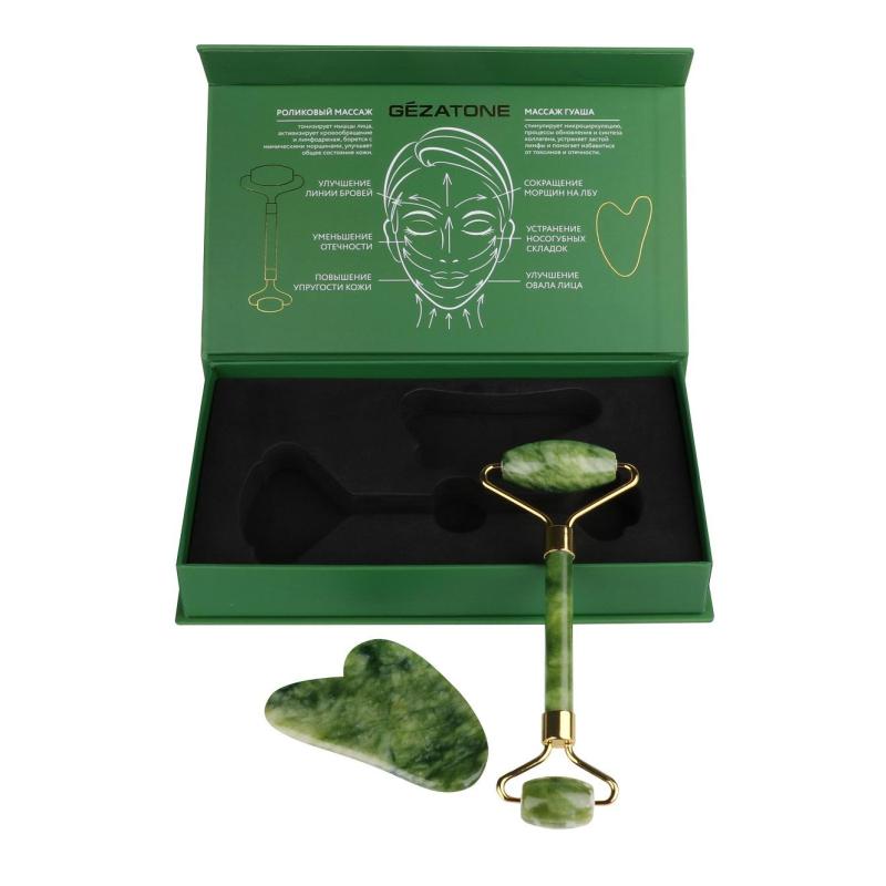 Набор роллер для лица и скребок Гуаша из натуральн нефрита AMG331, 1301276