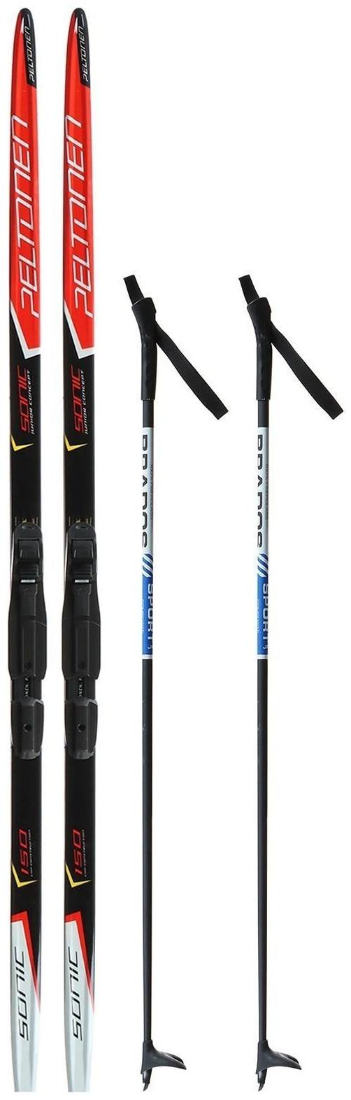 Комплект лыжный: пластиковые лыжи 150 см с насечкой, стеклопластиковые палки 110 см, крепления SNS, цвета МИКС