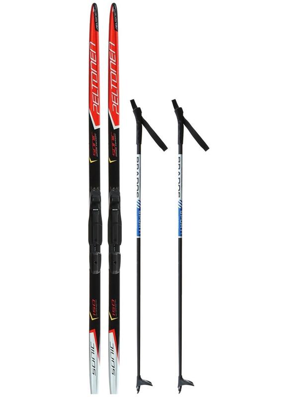 Комплект лыжный: пластиковые лыжи 150 см с насечкой, стеклопластиковые палки 110 см, крепления SNS, цвета МИКС
