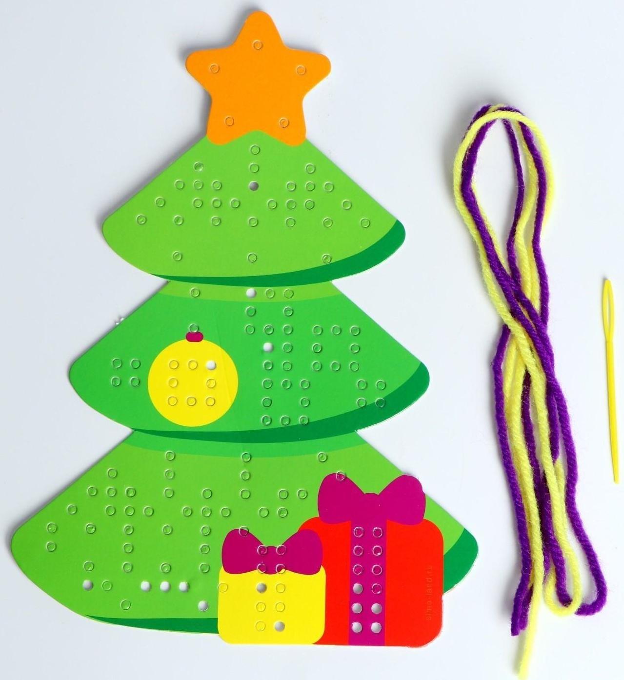 Новый год, вышивка пряжей «Ёлка» на картоне с пластиковой иглой