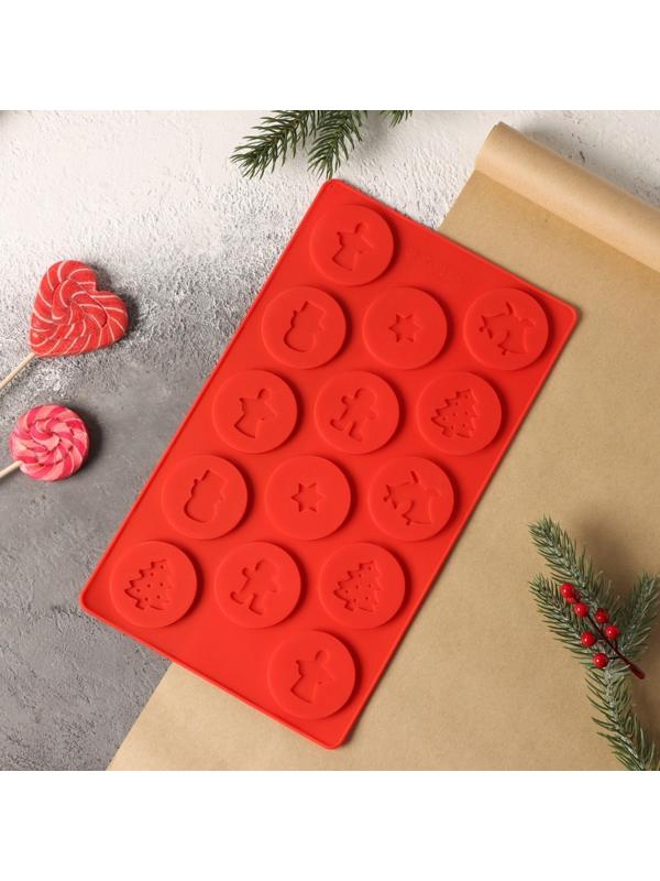 Форма силиконовая для льда и шоколада Доляна «Новогодние кружочки», 29,8×17,5 см, 14 ячеек (d=5 см), цвет красный