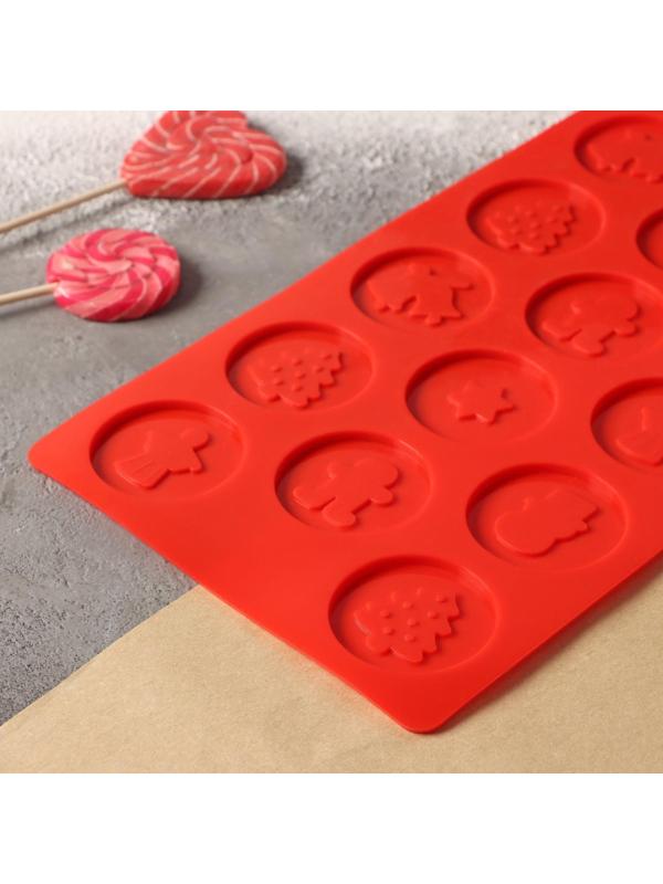 Форма силиконовая для льда и шоколада Доляна «Новогодние кружочки», 29,8×17,5 см, 14 ячеек (d=5 см), цвет красный