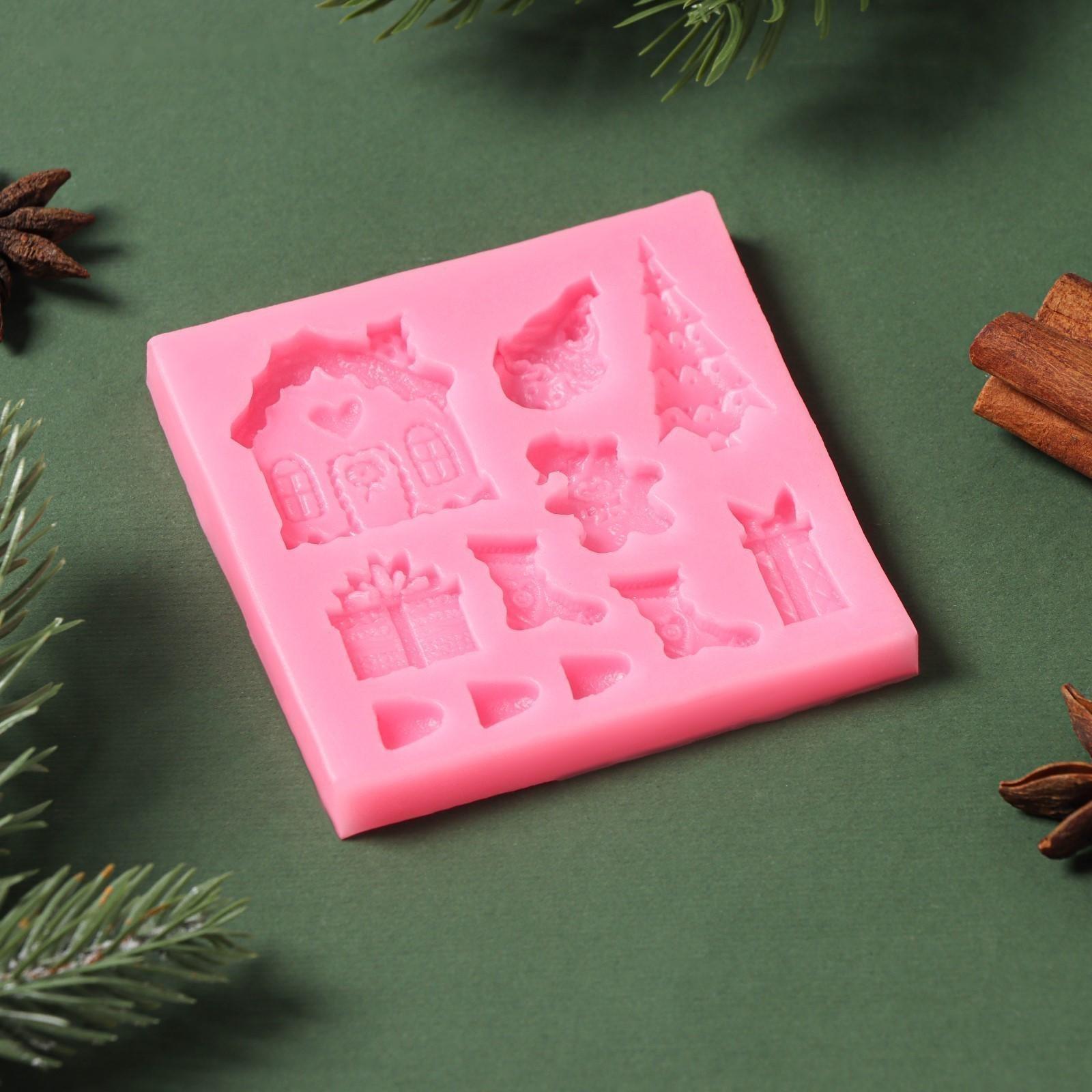 Силиконовый молд «Новогодние элементы», d=7,5 см, цвет розовый