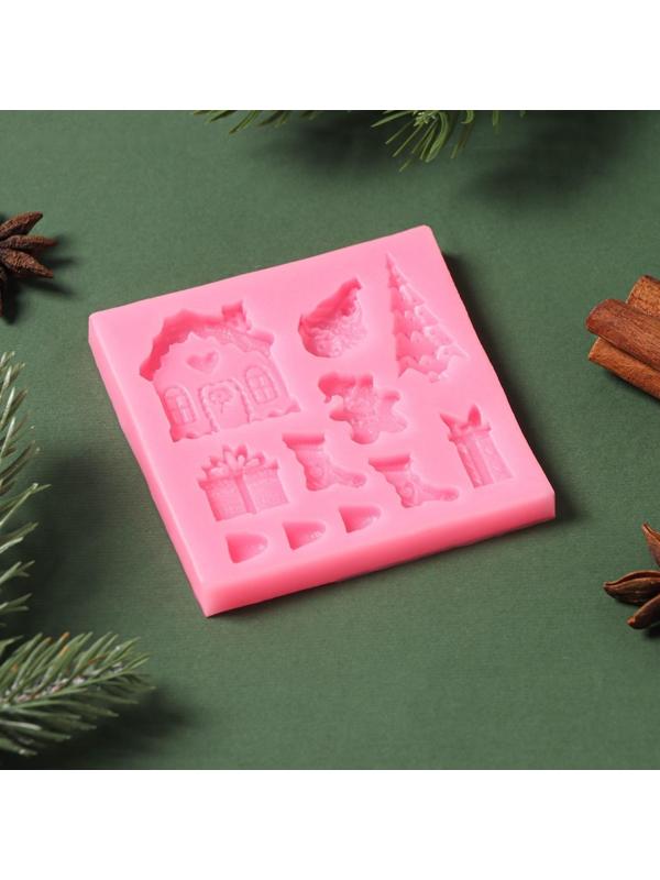 Силиконовый молд «Новогодние элементы», d=7,5 см, цвет розовый
