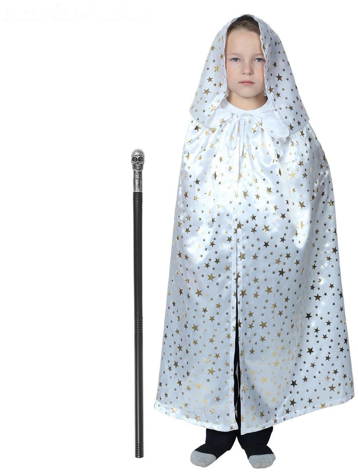 Карнавальный плащ белый со звёздами, с капюшоном, длина 85 см, палка мага